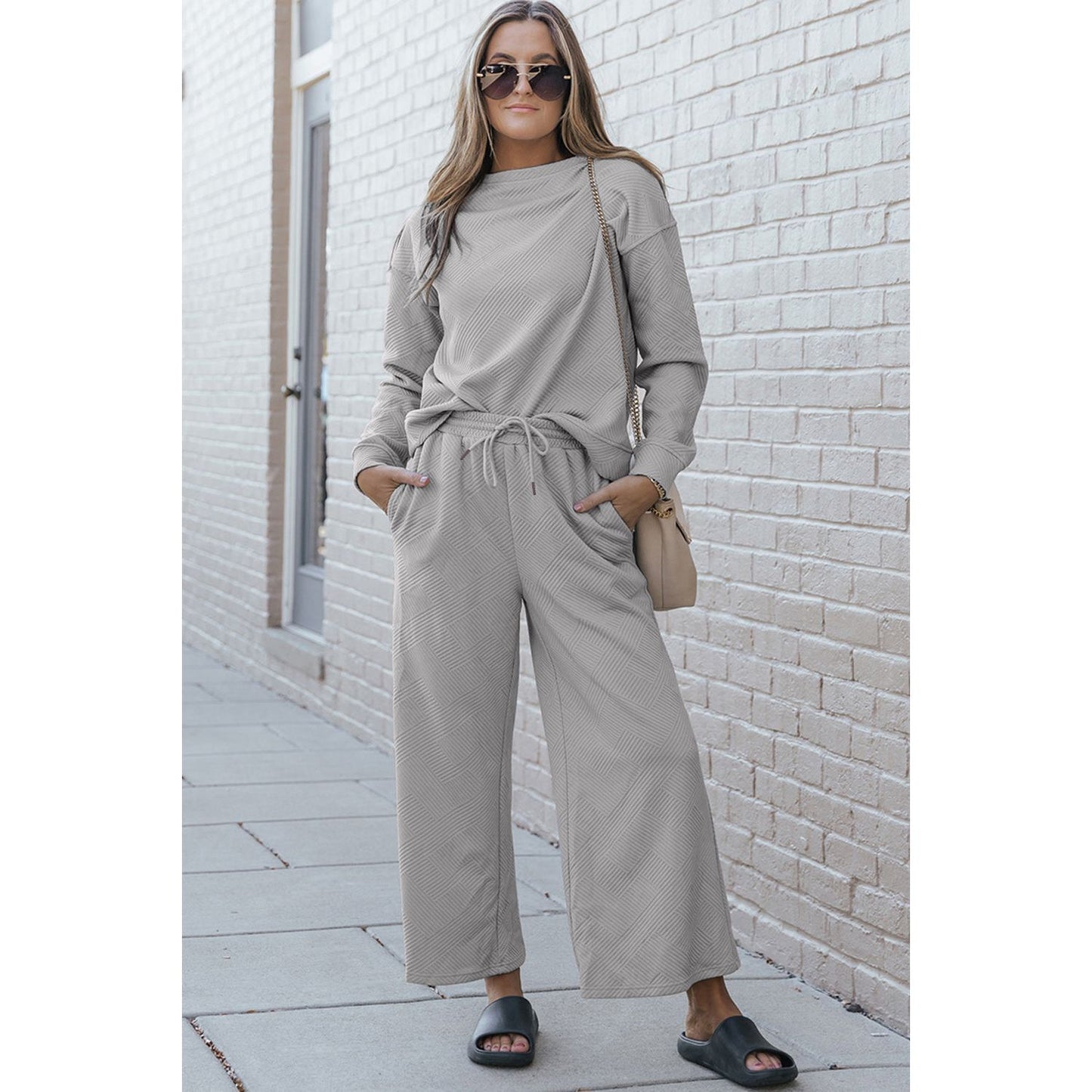 Double Take Full Size Textured Long Sleeve Top and Drawstring Pants Set