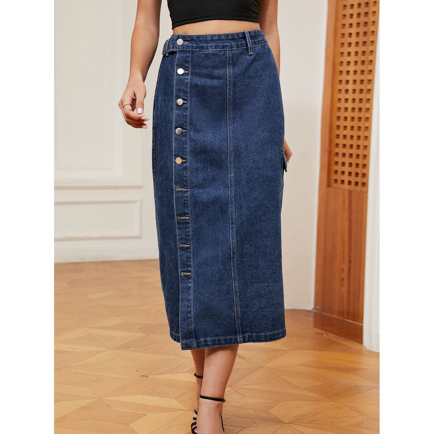 Button Down Midi Denim Skirt