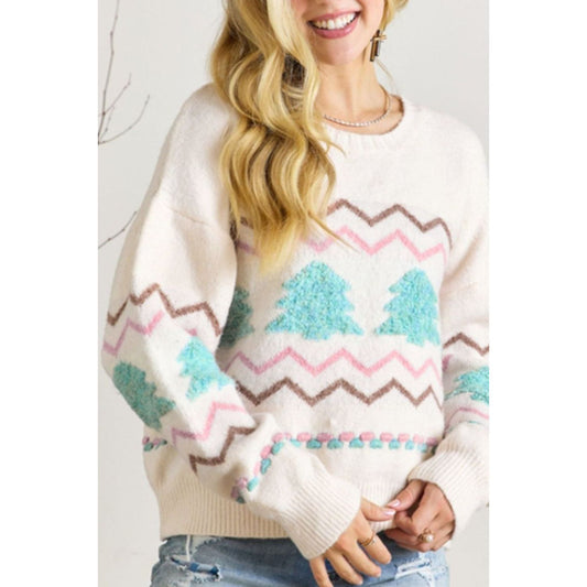 Christmas Tree Ribbed Hem Dropped Shoulder Sweater