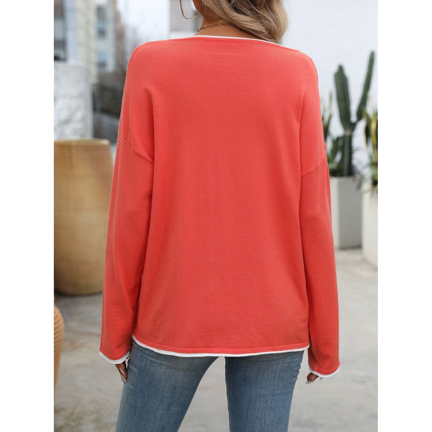 Mandy Contrast Trim Round Neck Long Sleeve Sweater