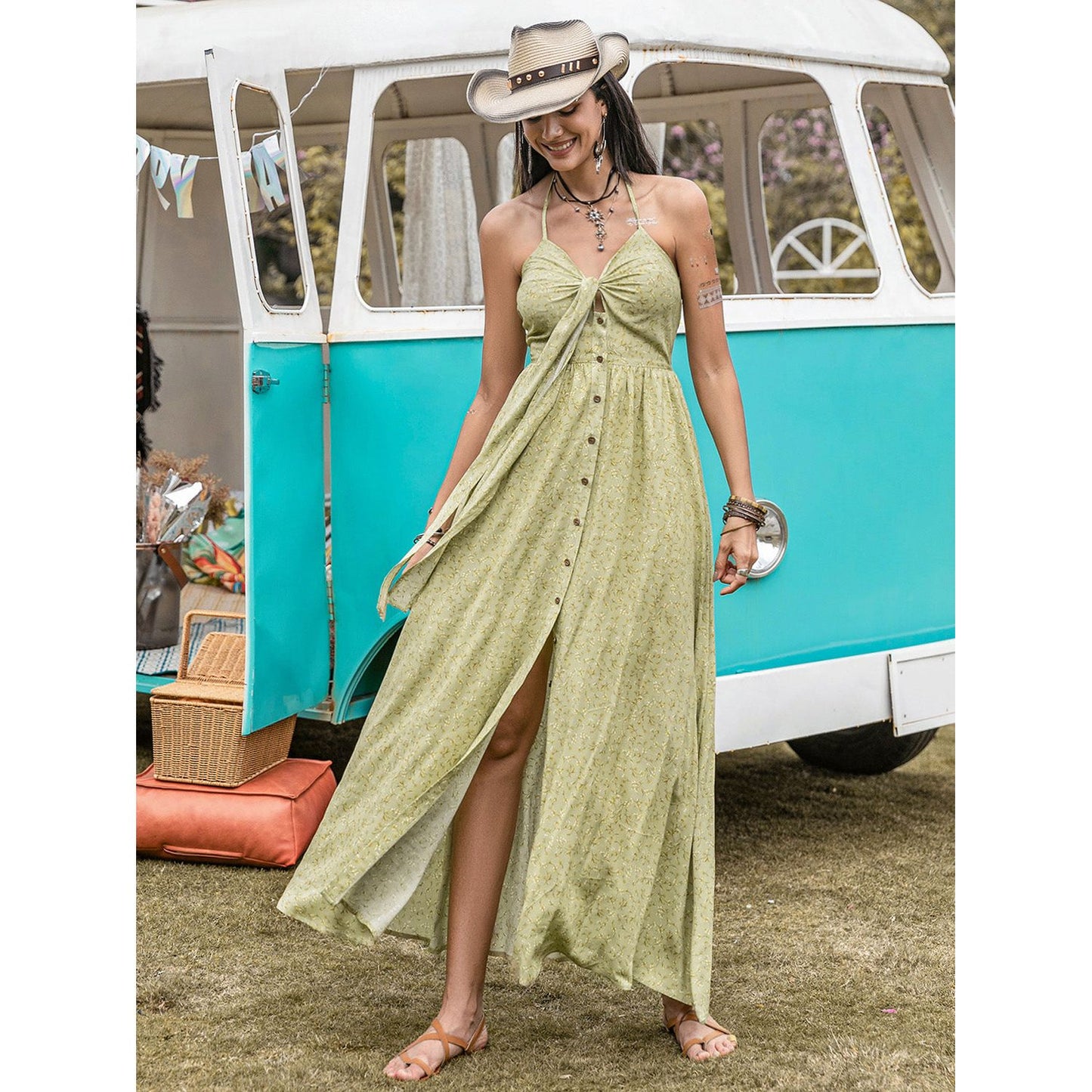 Printed Halter Neck Maxi Dress