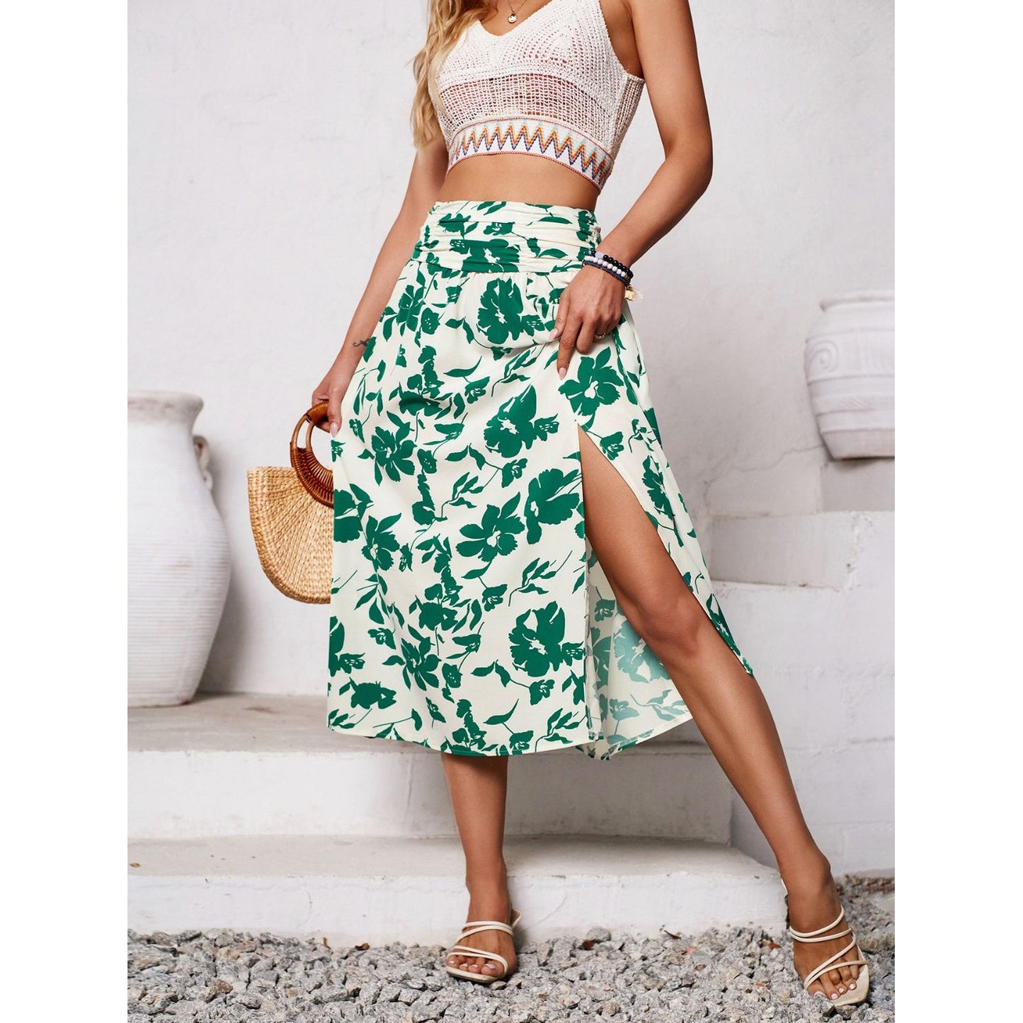 Slit Printed Midi Skirt