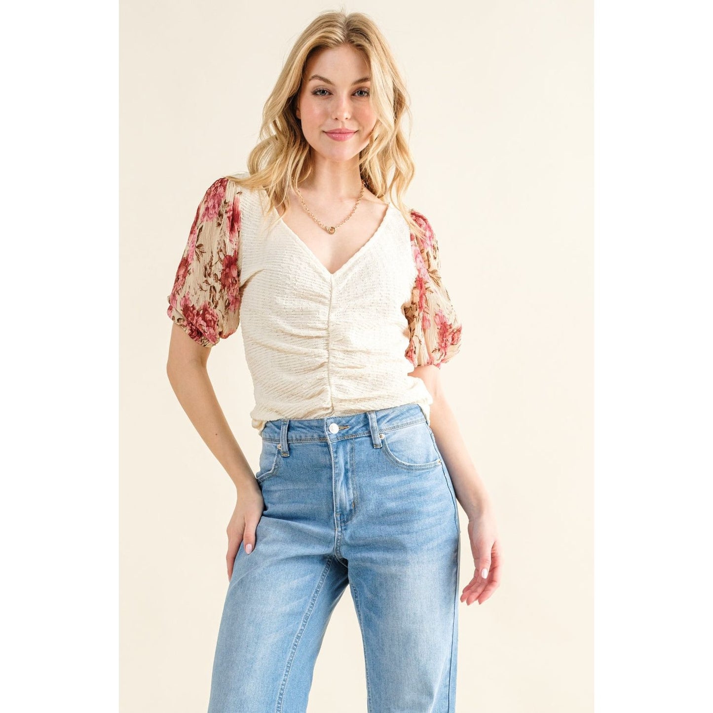 And The Why Full Size Floral Print Textured Sleeve Knit Top