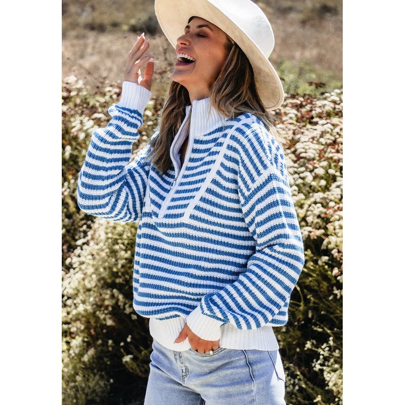 Striped Half Zip Mock Neck Long Sleeve Sweater