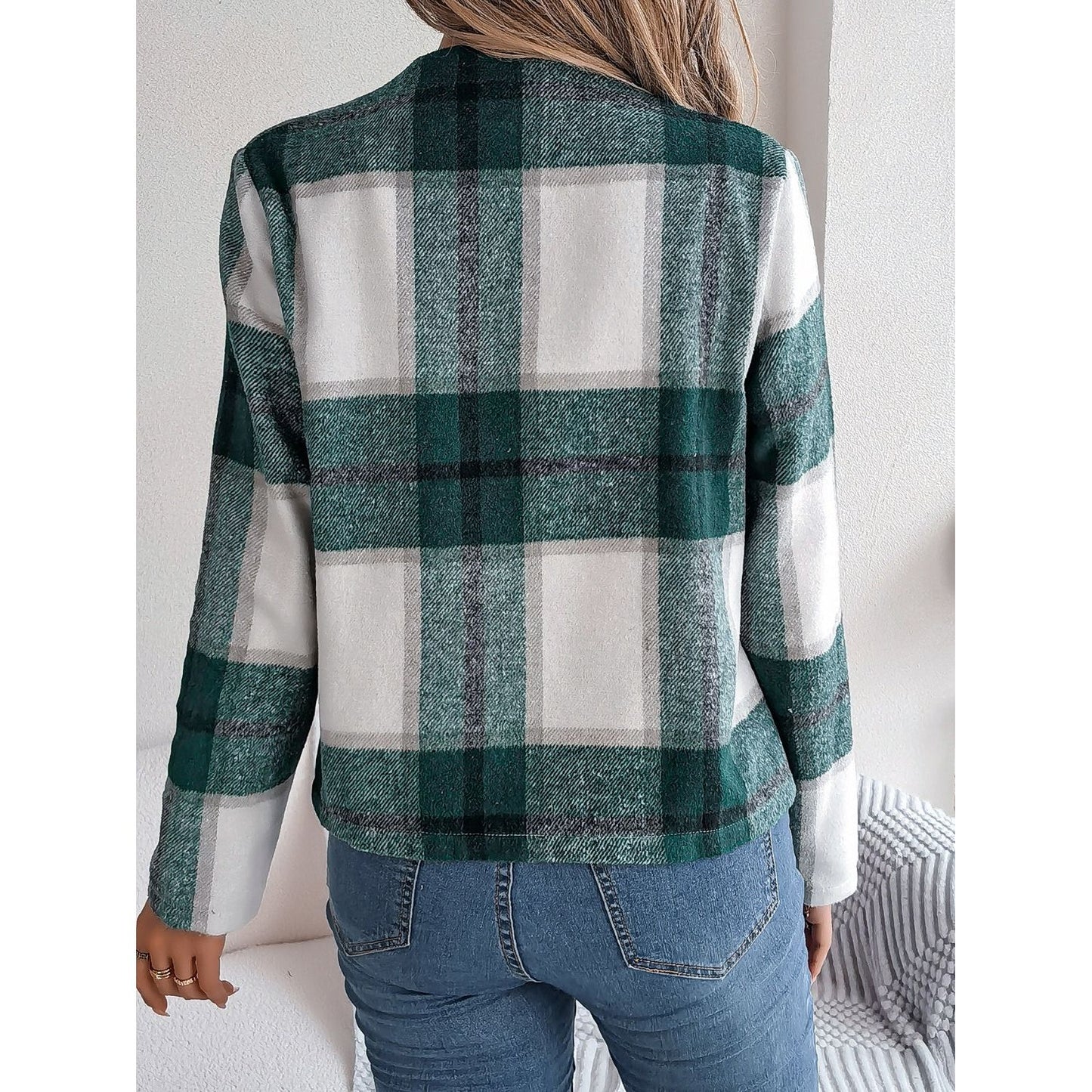 Plaid Open Front Long Sleeve Jacket