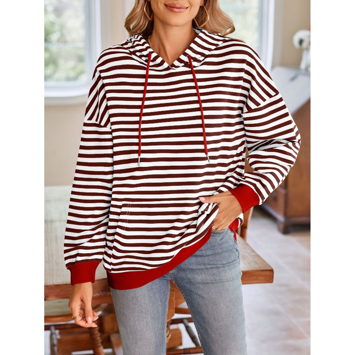 Lovelet Drawstring Striped Long Sleeve Hoodie