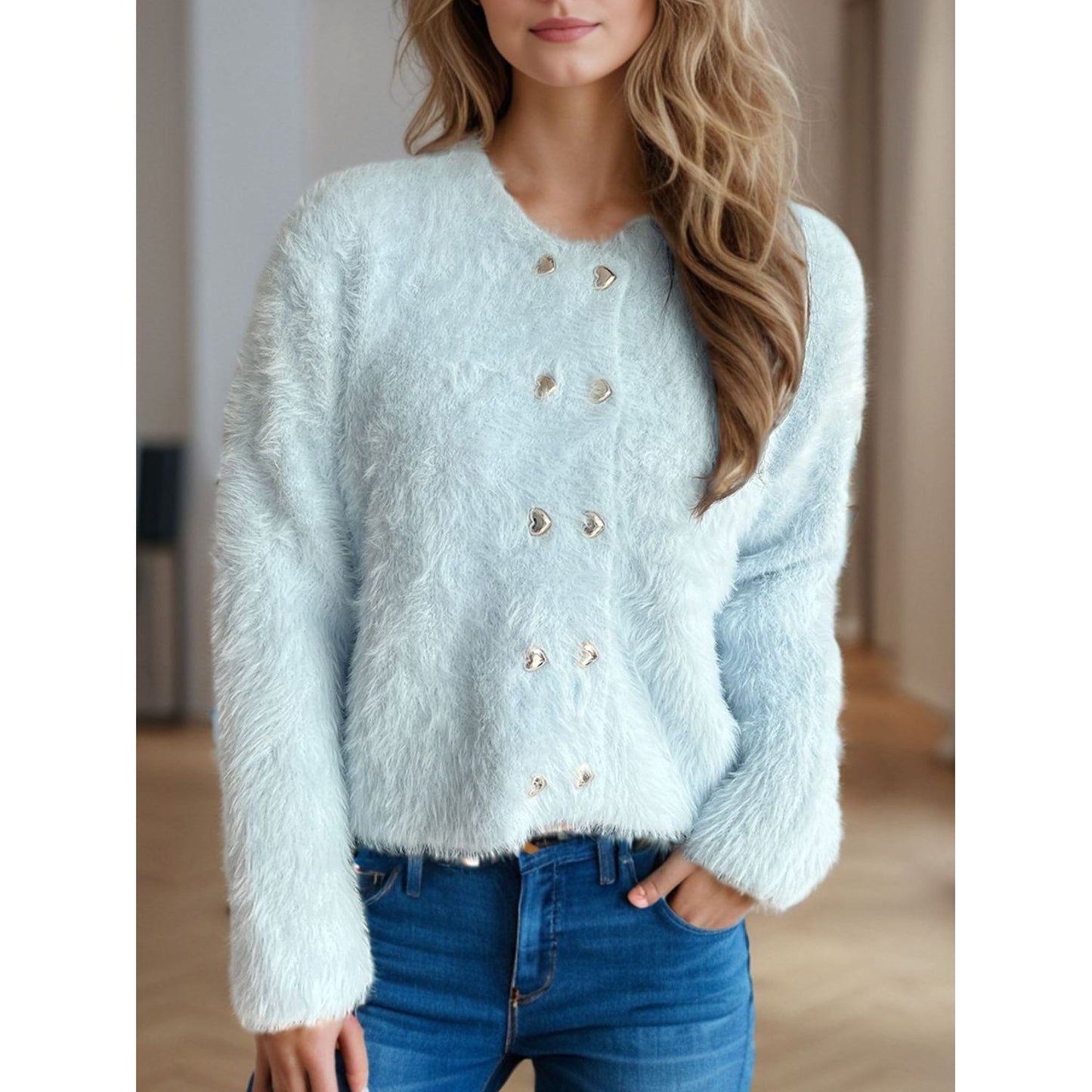 Heart Button Round Neck Cardigan