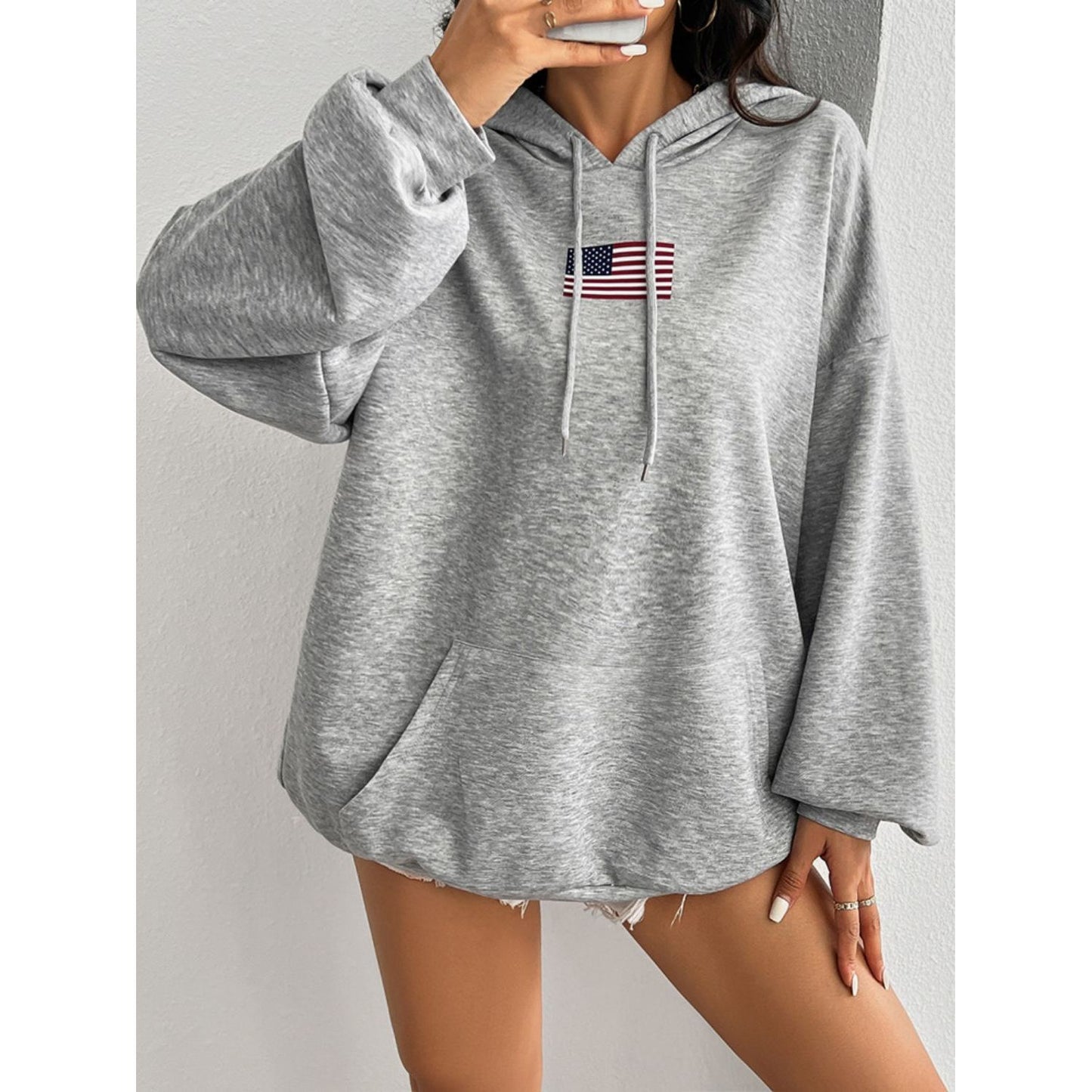 Devine Drawstring US Flag Long Sleeve Hoodie