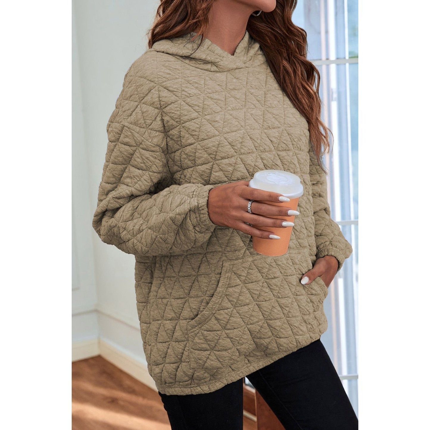 Quilted Long Sleeve Hoodie with Pocket