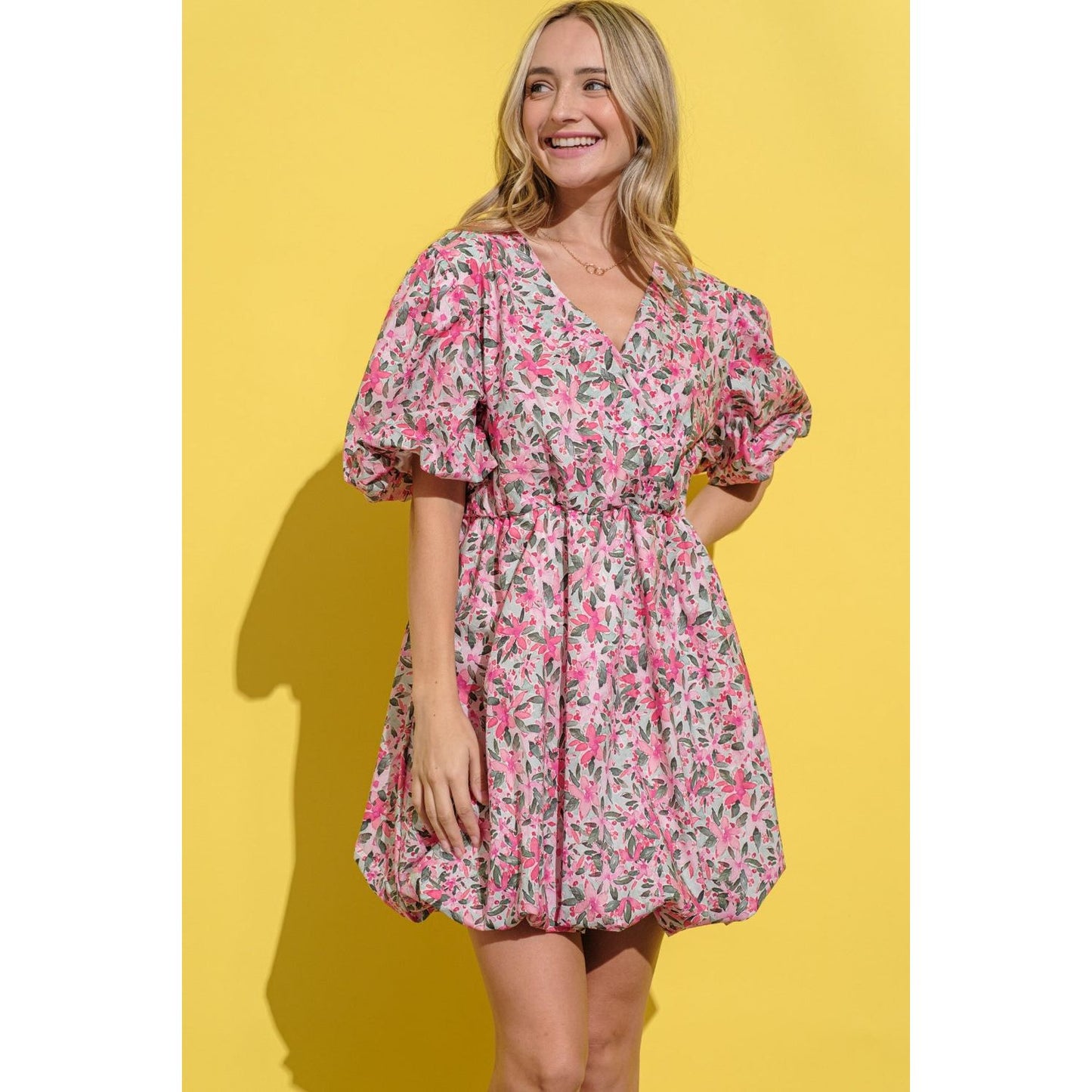 And The Why Full Size Floral Surplice Puff Sleeve Dress