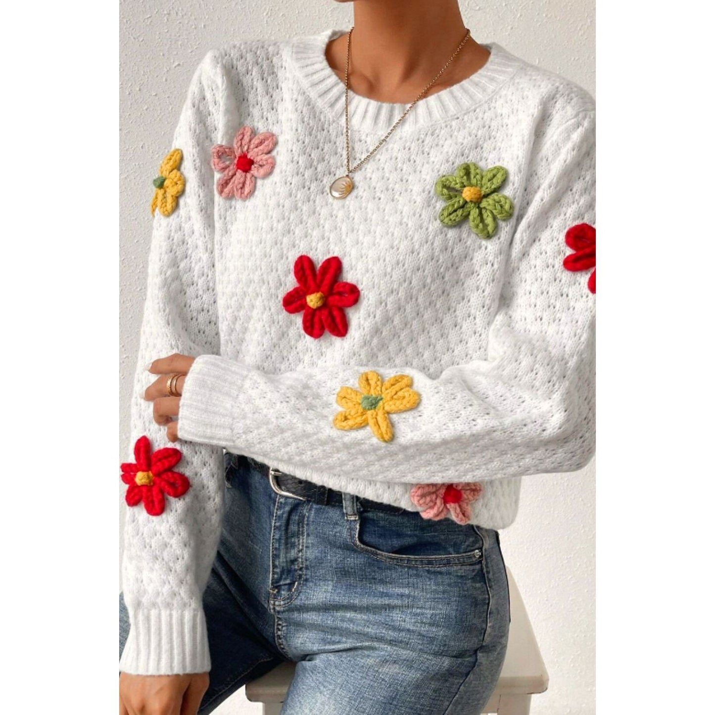 Crochet Flower Round Neck Long Sleeve Sweater