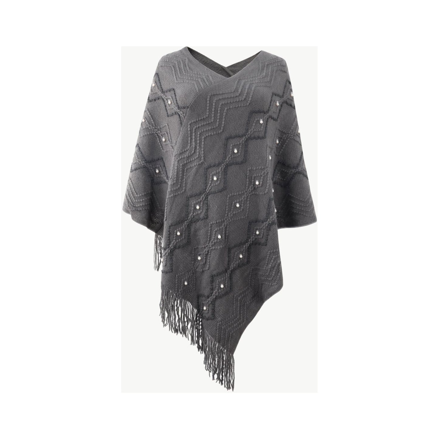 Pearl Trim V-Neck Fringe Hem Poncho