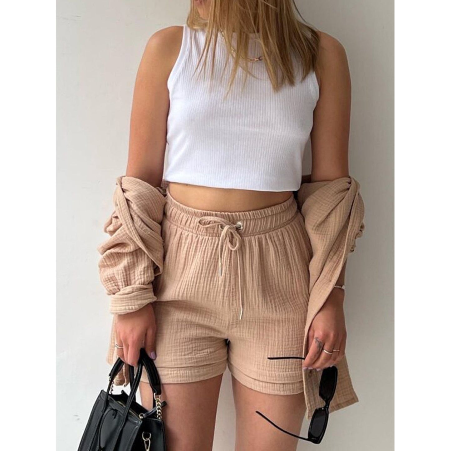 Texture Button Up Shirt and Drawstring Shorts Set