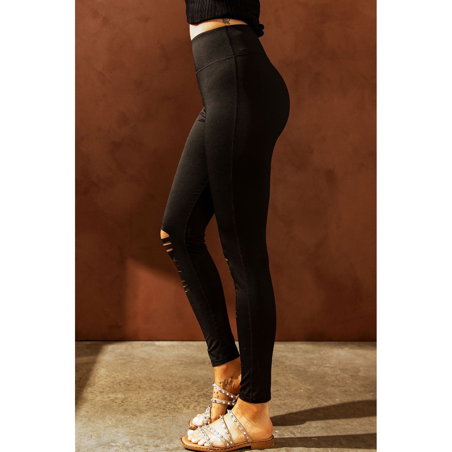 Double Take Wide Waistband Distressed Slim Fit Leggings