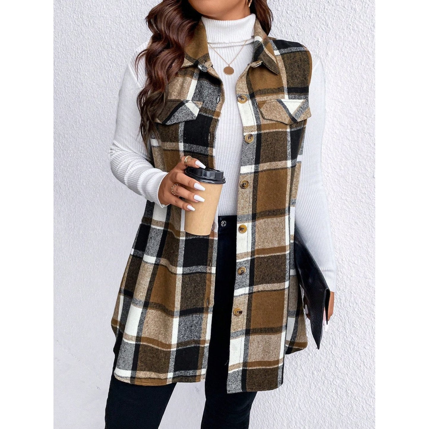 Honey Plus Size Pocketed Plaid Button Up Vest Coat