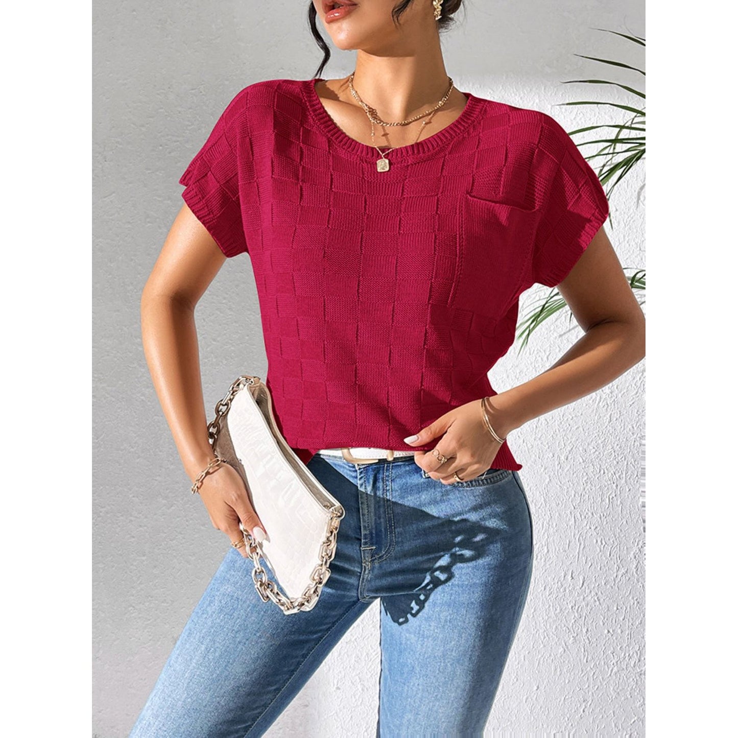 Round Neck Short Sleeve Knit Top