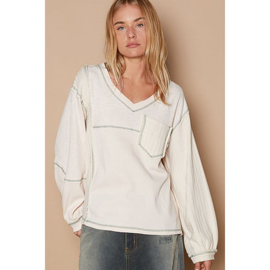 POL V-Neck knit Panel Exposed Seam Top