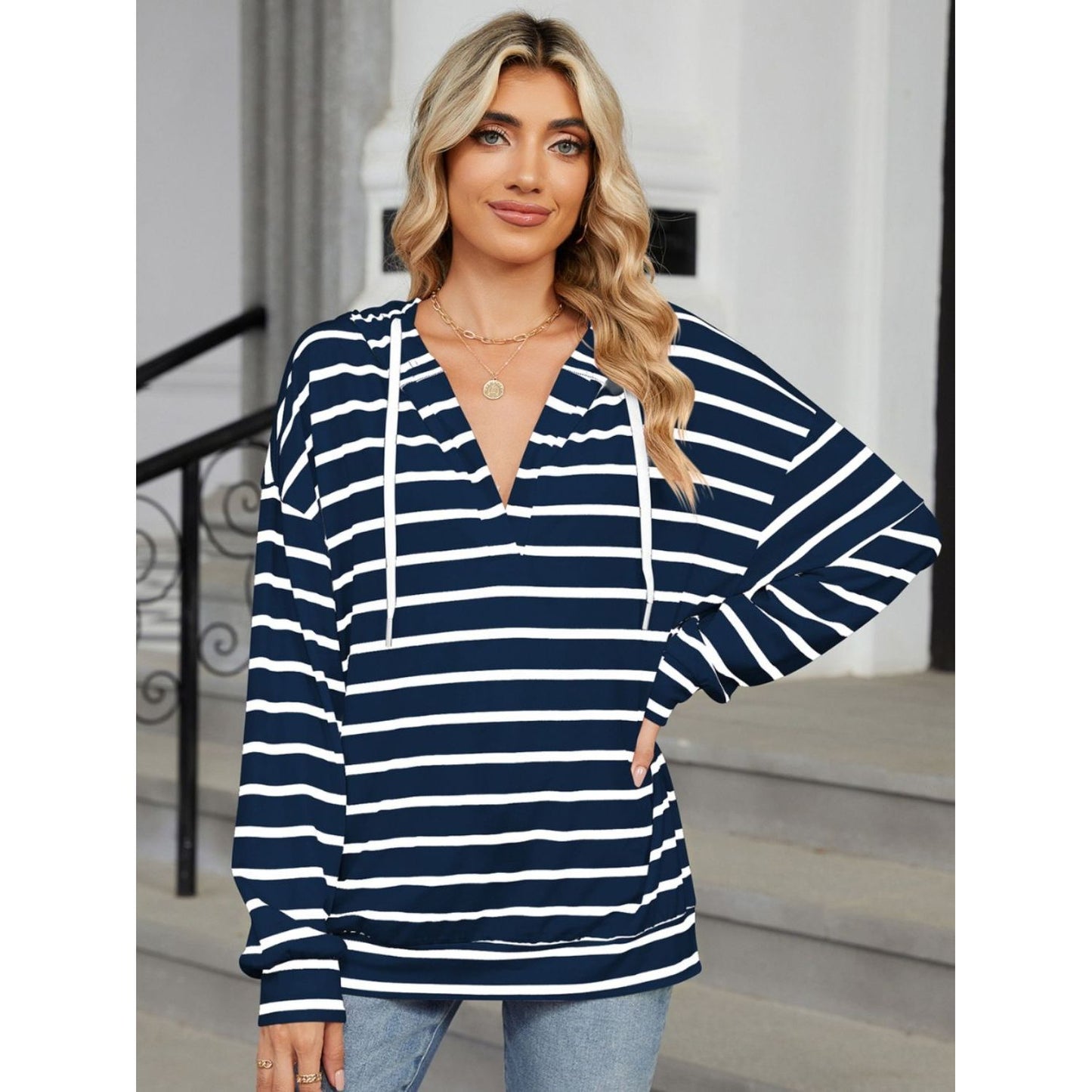 Drawstring Striped Long Sleeve Hoodie