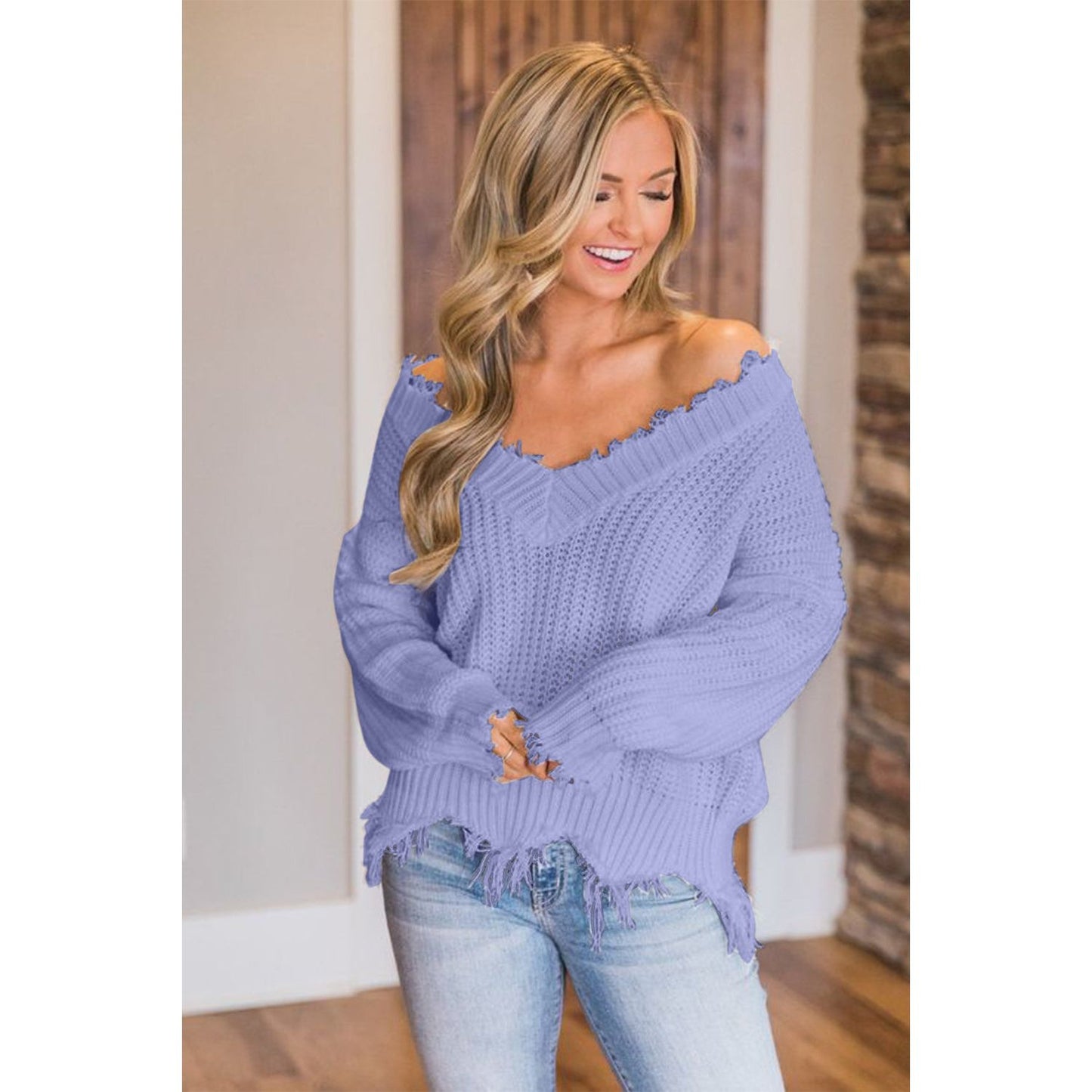 Frayed Hem Dropped Shoulder Sweater