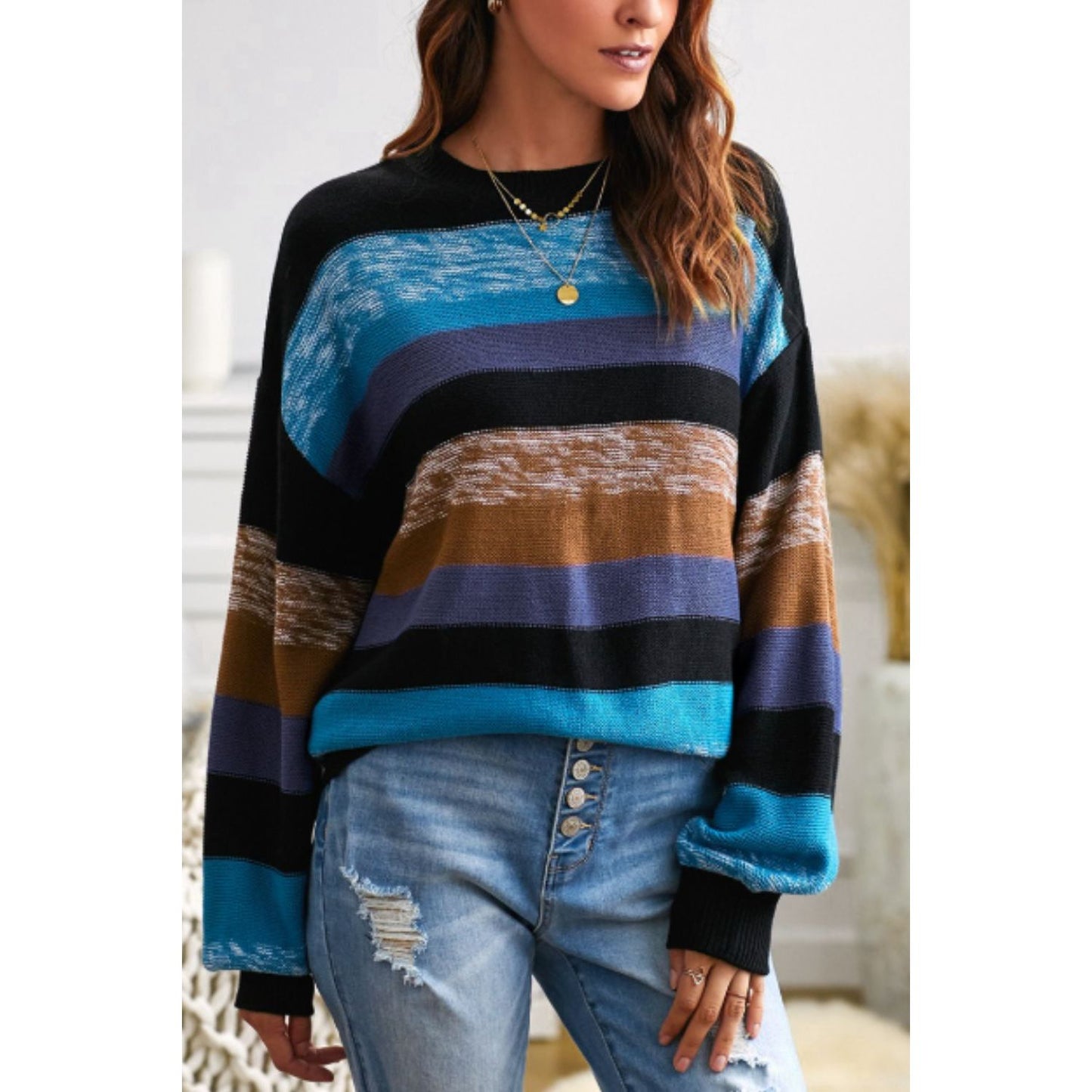 Contrast Striped Round Neck Drop Shoulder Sweater