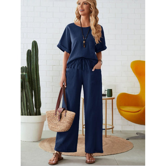 Round Neck Half Sleeve Top and Pocketed Pants Set