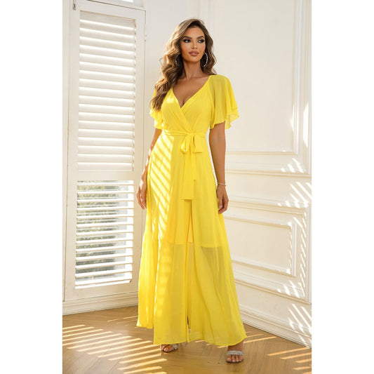 Tie Waist Flutter Sleeve Maxi Dress