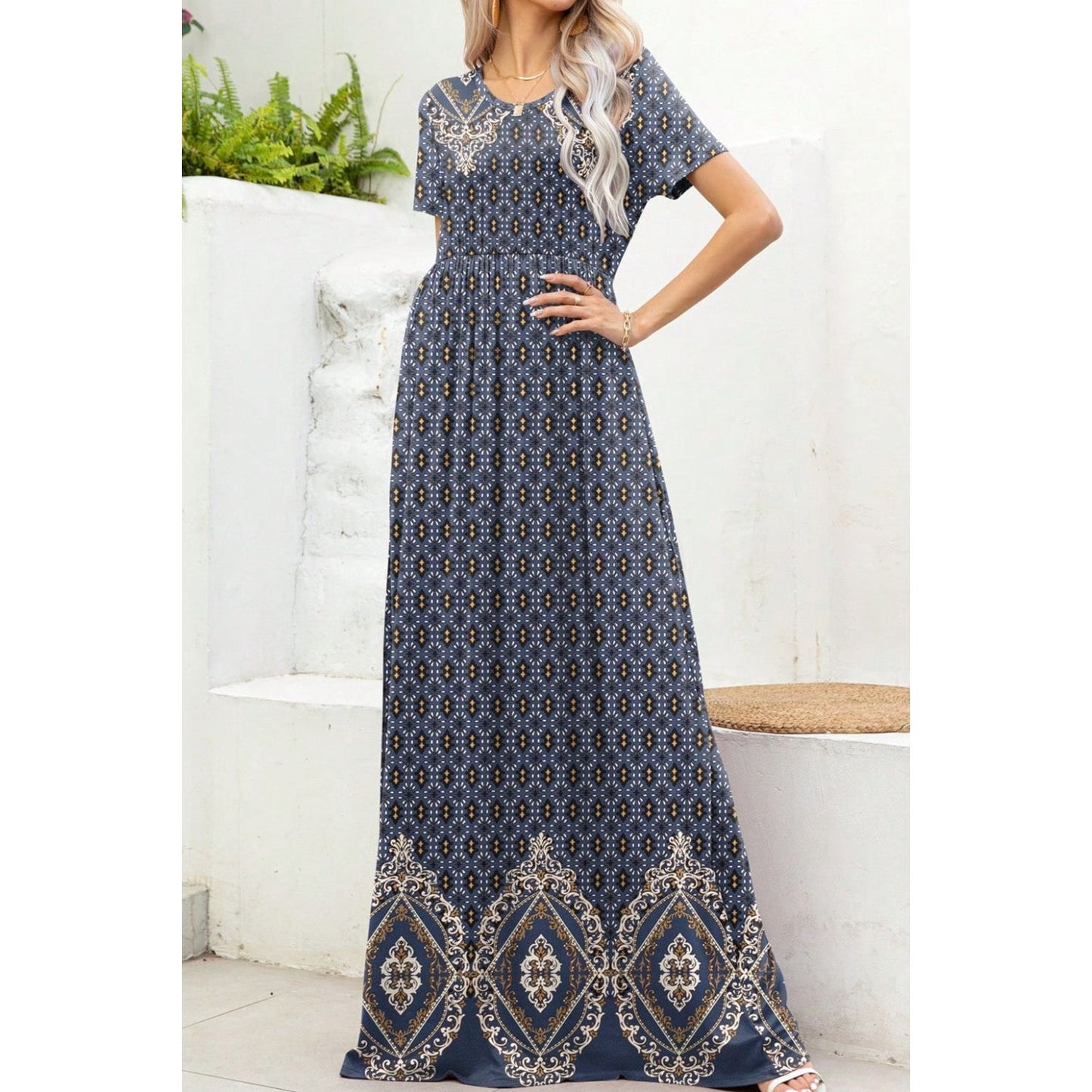 Printed Round Neck Short Sleeve Maxi Dress