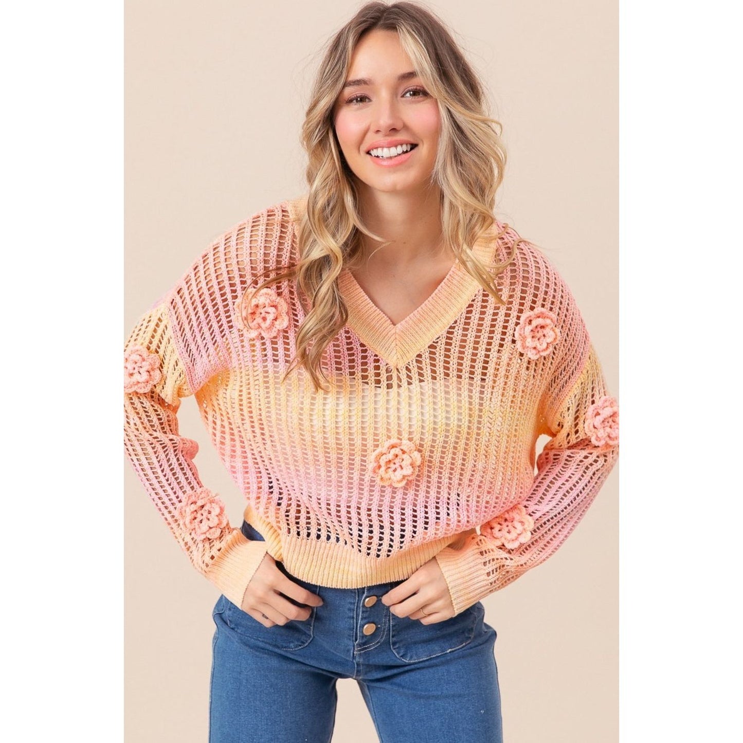 BiBi Ombre Crochet Flower Knit Top