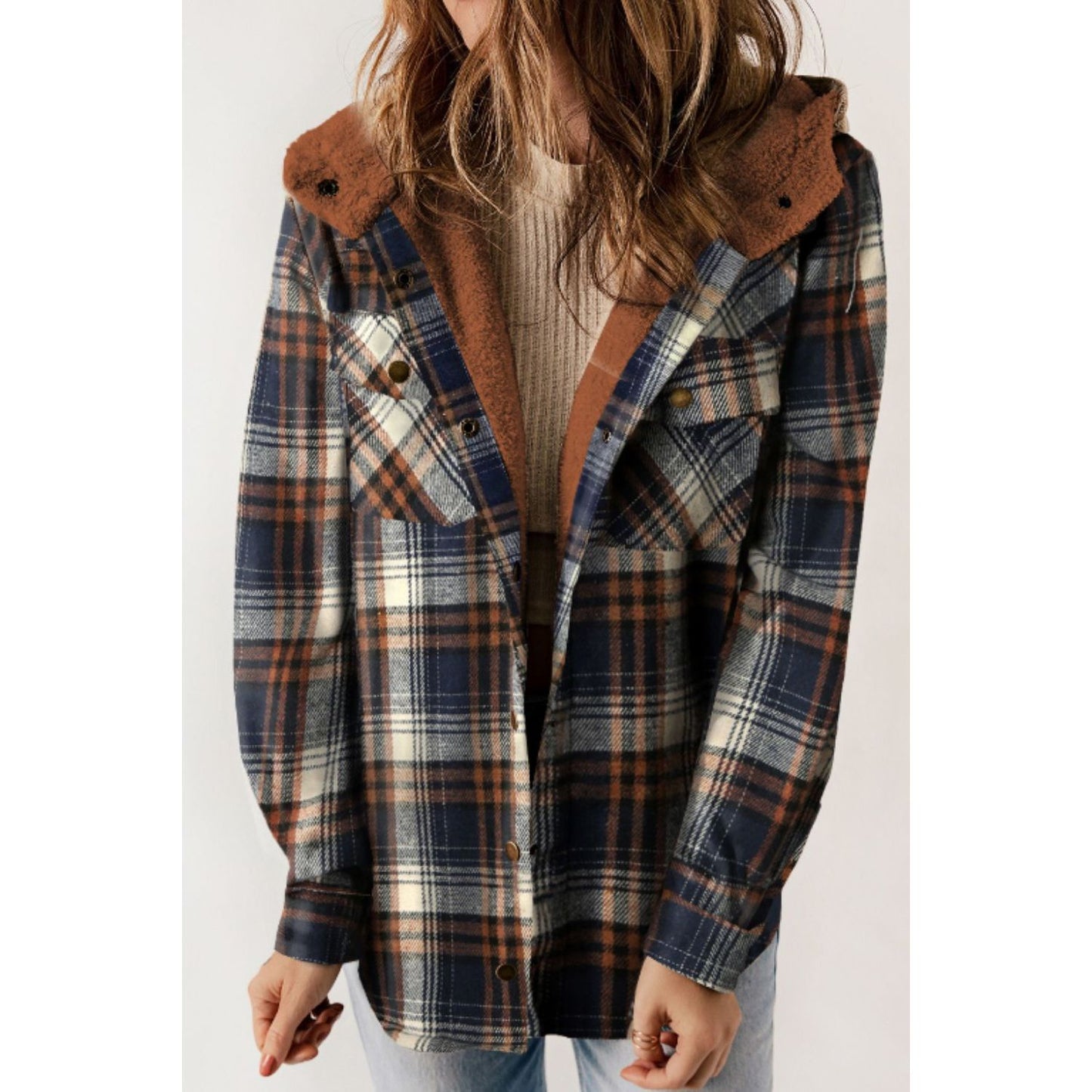 Plaid Button Up Long Sleeve Hooded Jacket