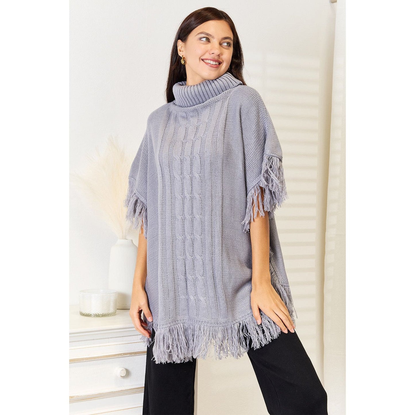 Justin Taylor Turtle Neck Fringe Poncho