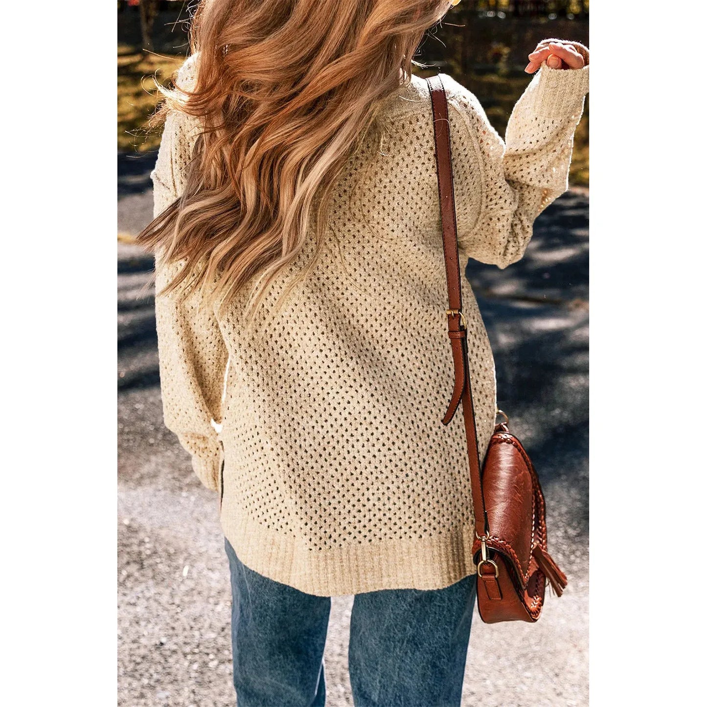 Openwork V-Neck Dropped Shoulder Sweater