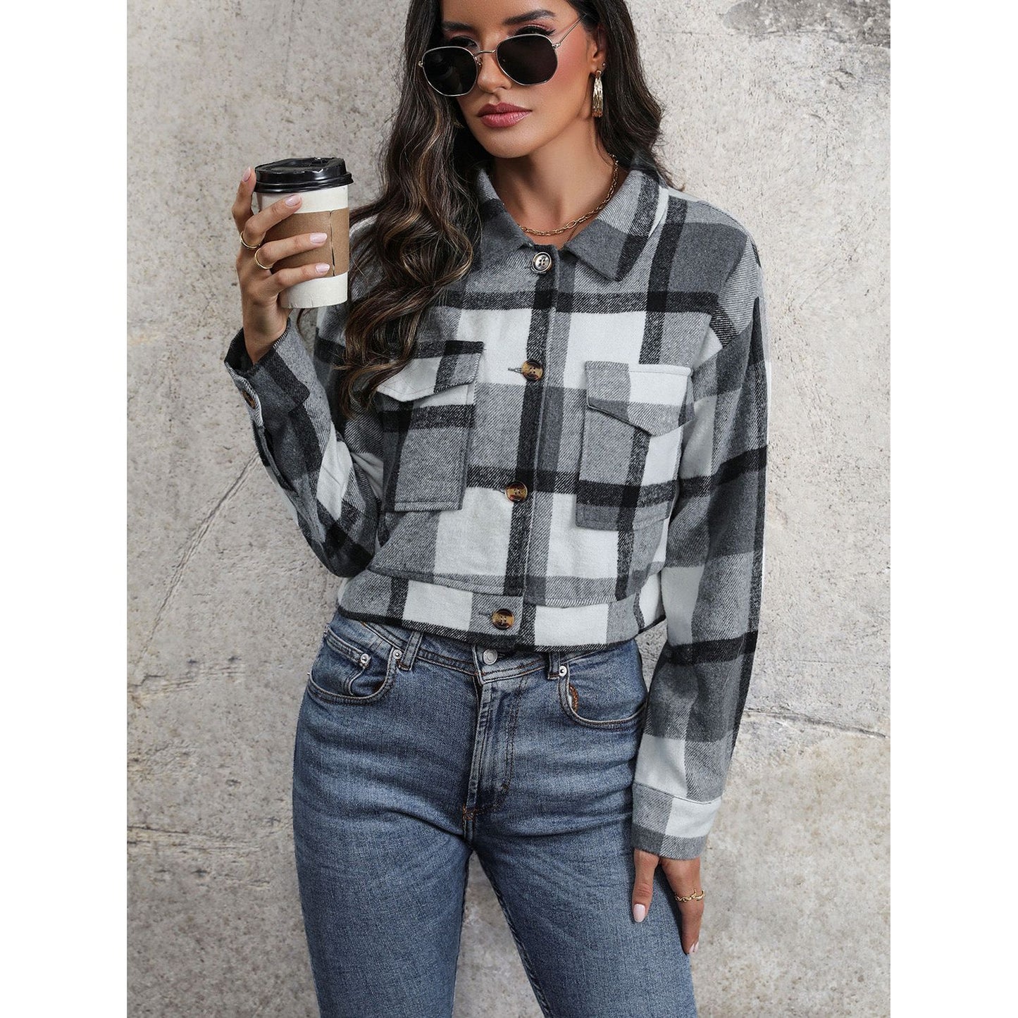 Perfee Plaid Button Up Drop Shoulder Cropped Jacket