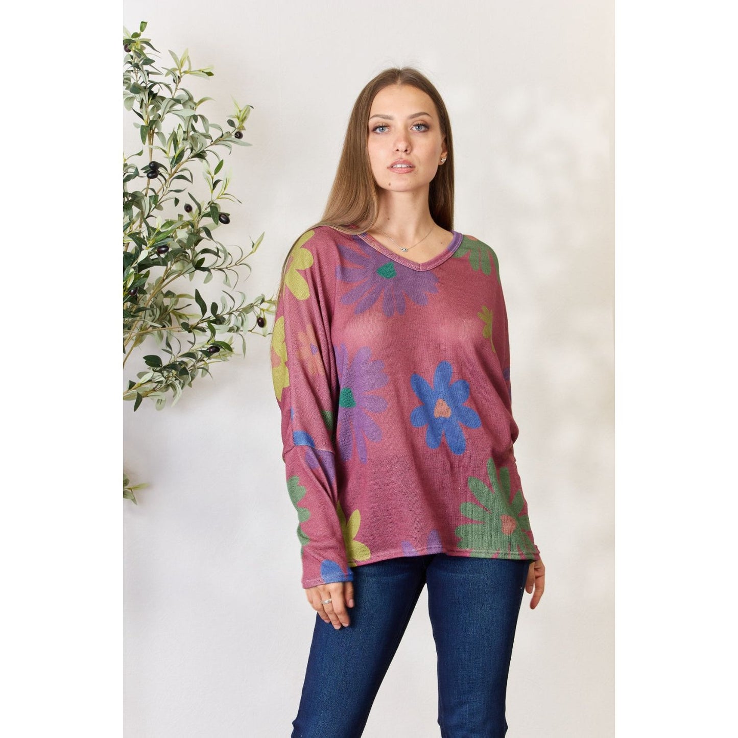 Hopely Full Size Floral V-Neck Long Sleeve Top