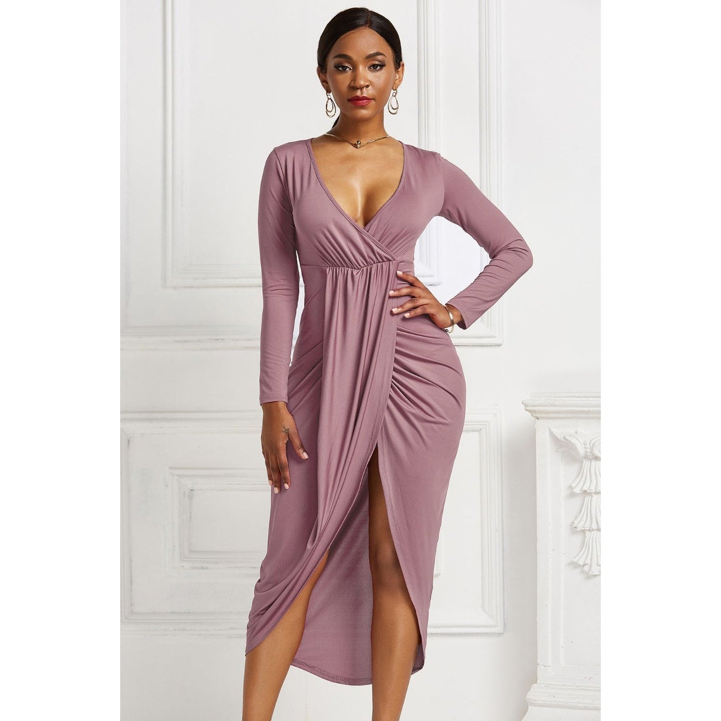 High-low Ruched Surplice Long Sleeve Dress