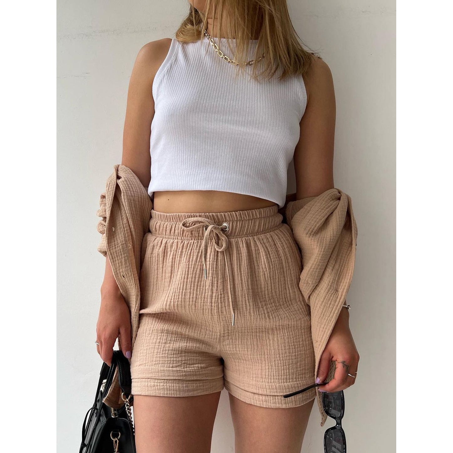 Texture Button Up Shirt and Drawstring Shorts Set