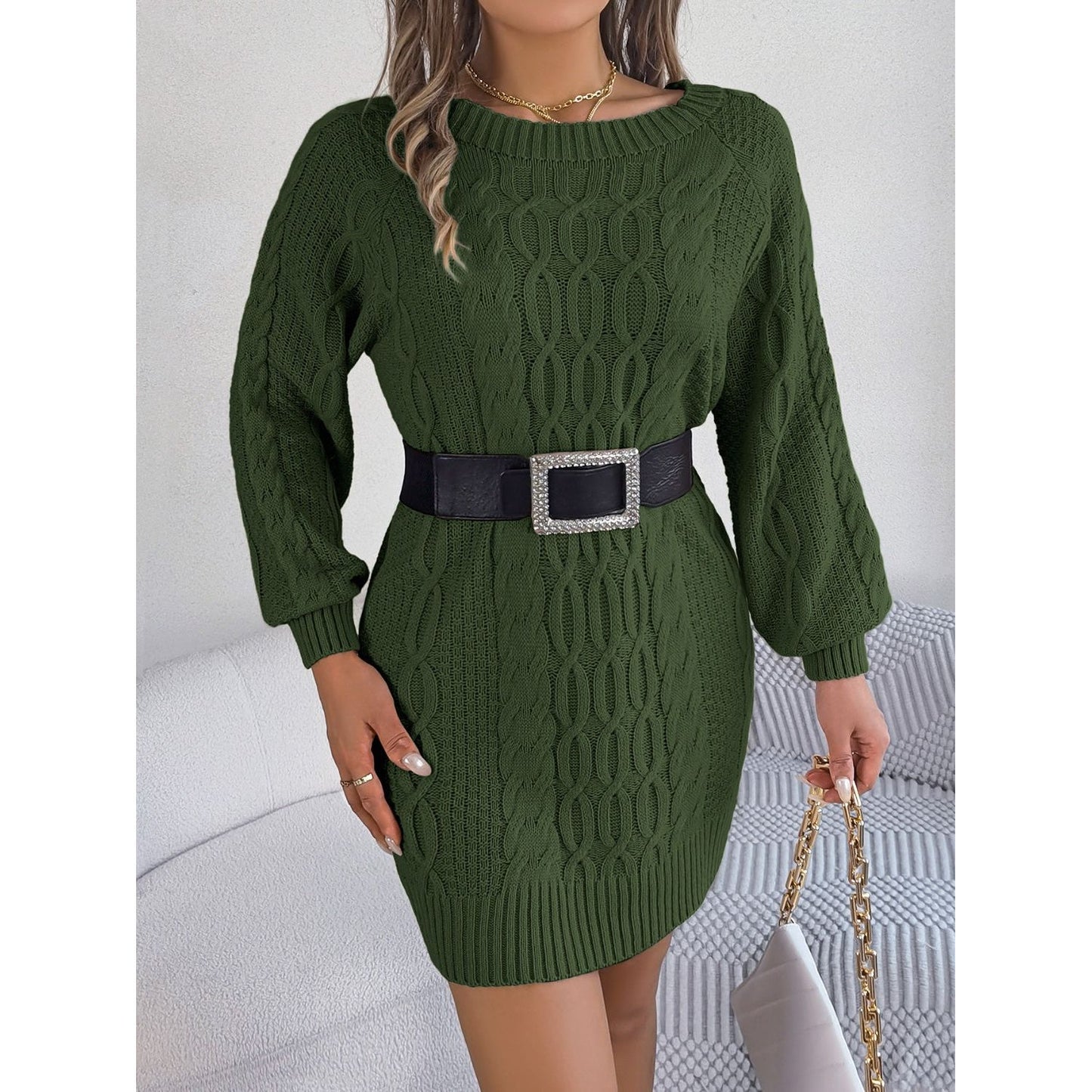 Cable-Knit Round Neck Sweater Dress