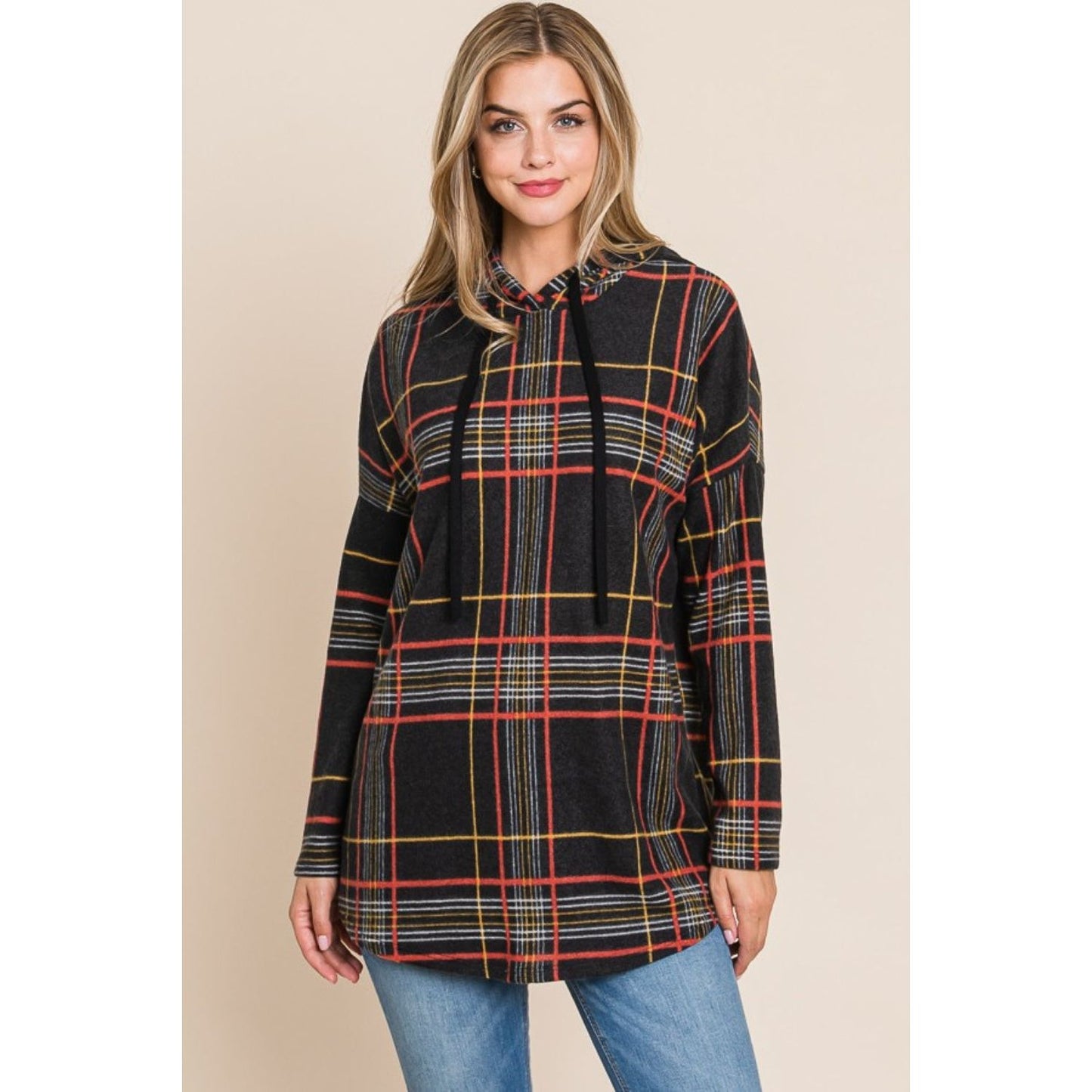 BOMBOM Drawstring Plaid Long Sleeve Hoodie