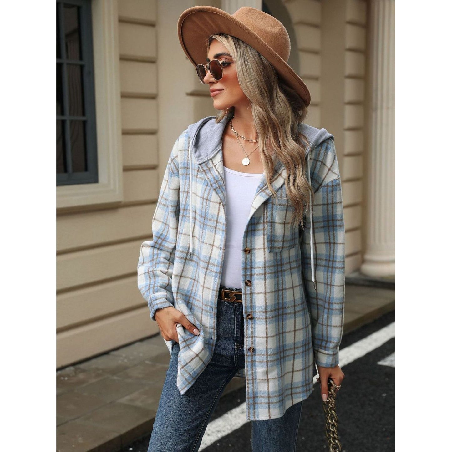 Drawstring Plaid Button Up Hooded Jacket