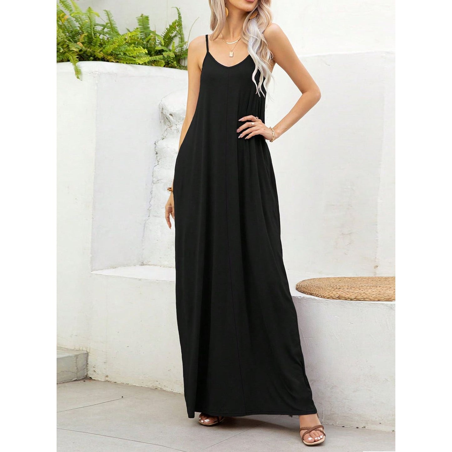 V-Neck Maxi Cami Dress with Pockets