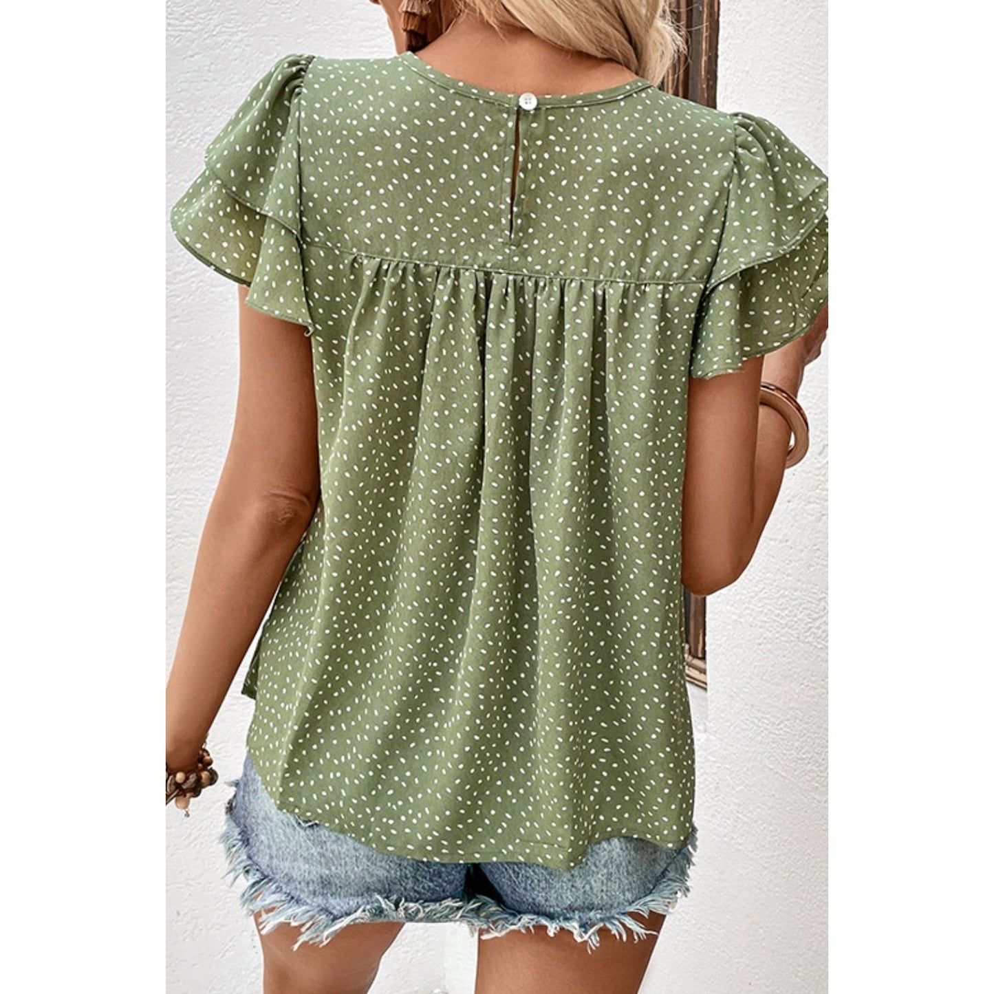 Printed Round Neck Puff Sleeve Blouse