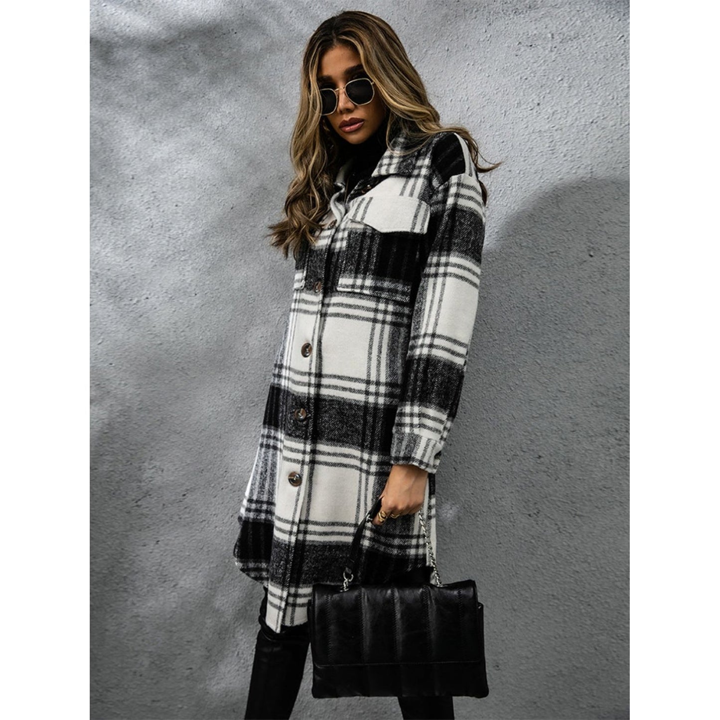 Plaid Collared Neck Long Sleeve Coat