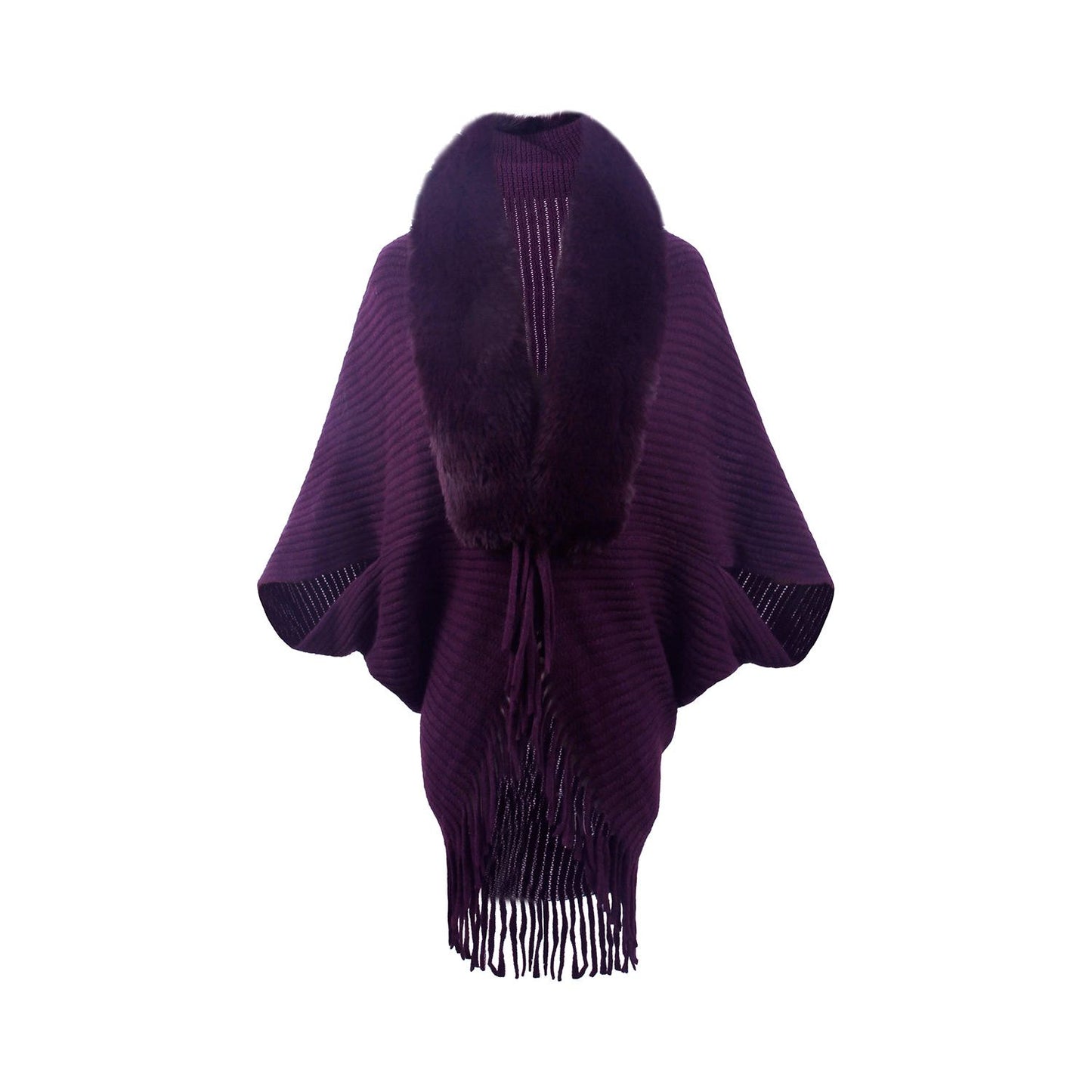 Fringe Detail Long Sleeve Ribbed Poncho