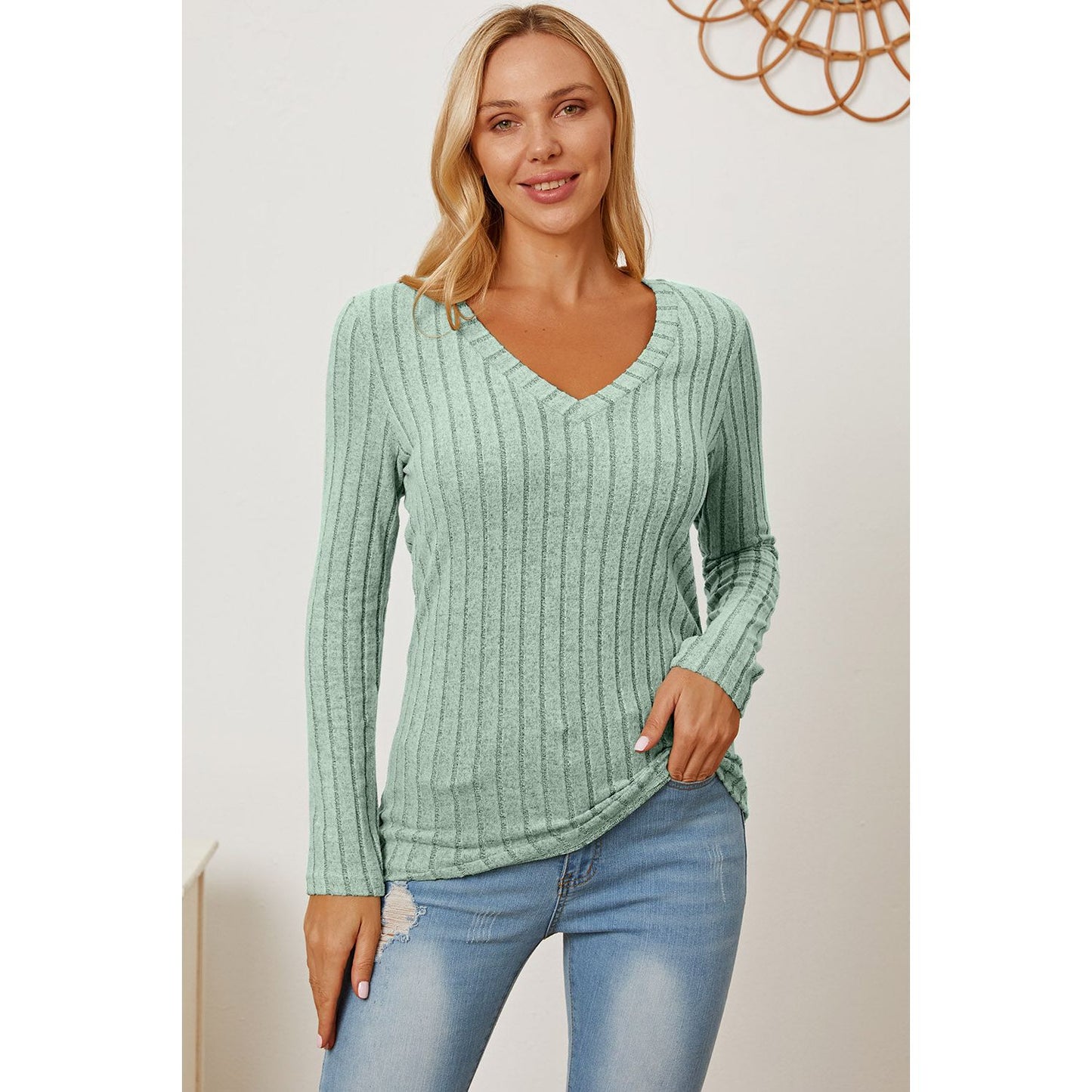 Basic Bae Full Size Ribbed V-Neck Long Sleeve T-Shirt