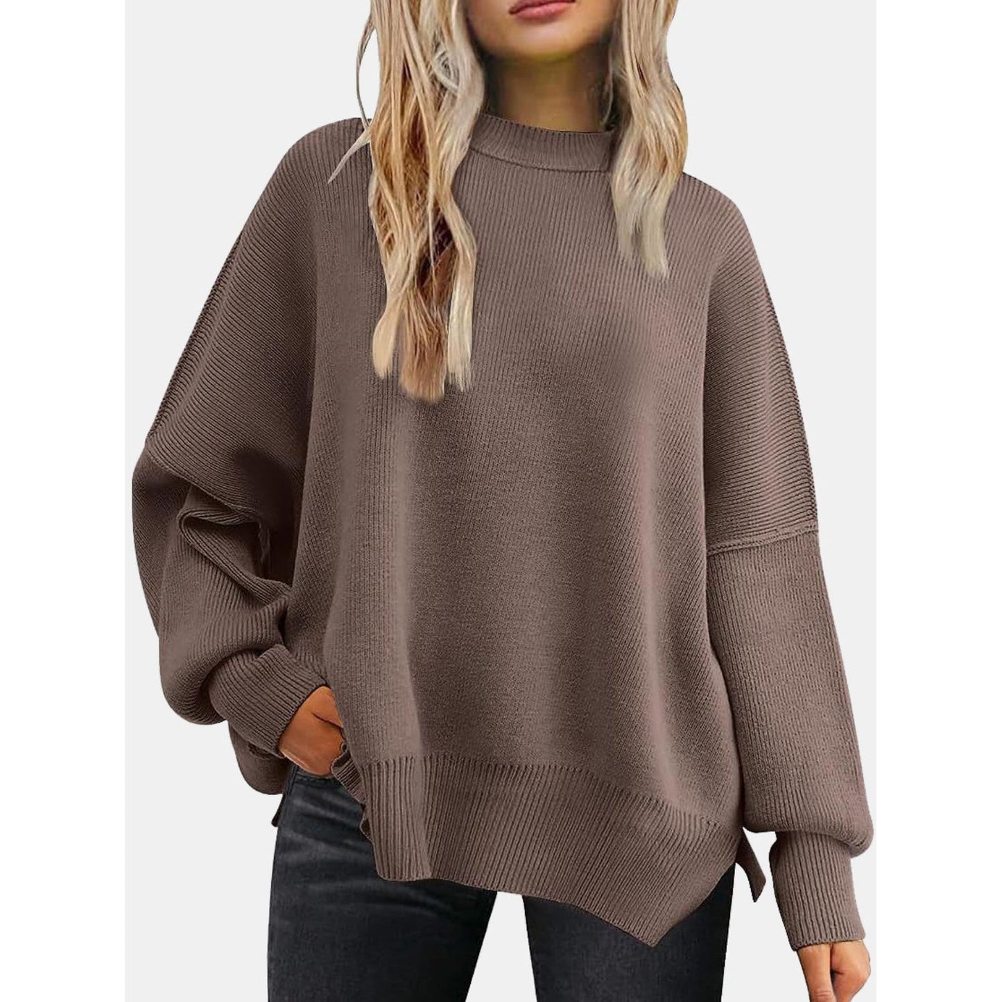 Round Neck Drop Shoulder Slit Sweater