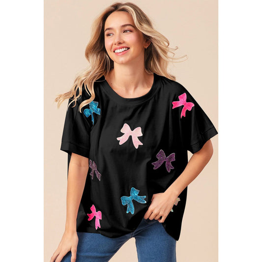 BiBi Sequin Bow Patch Short Sleeve T-Shirt