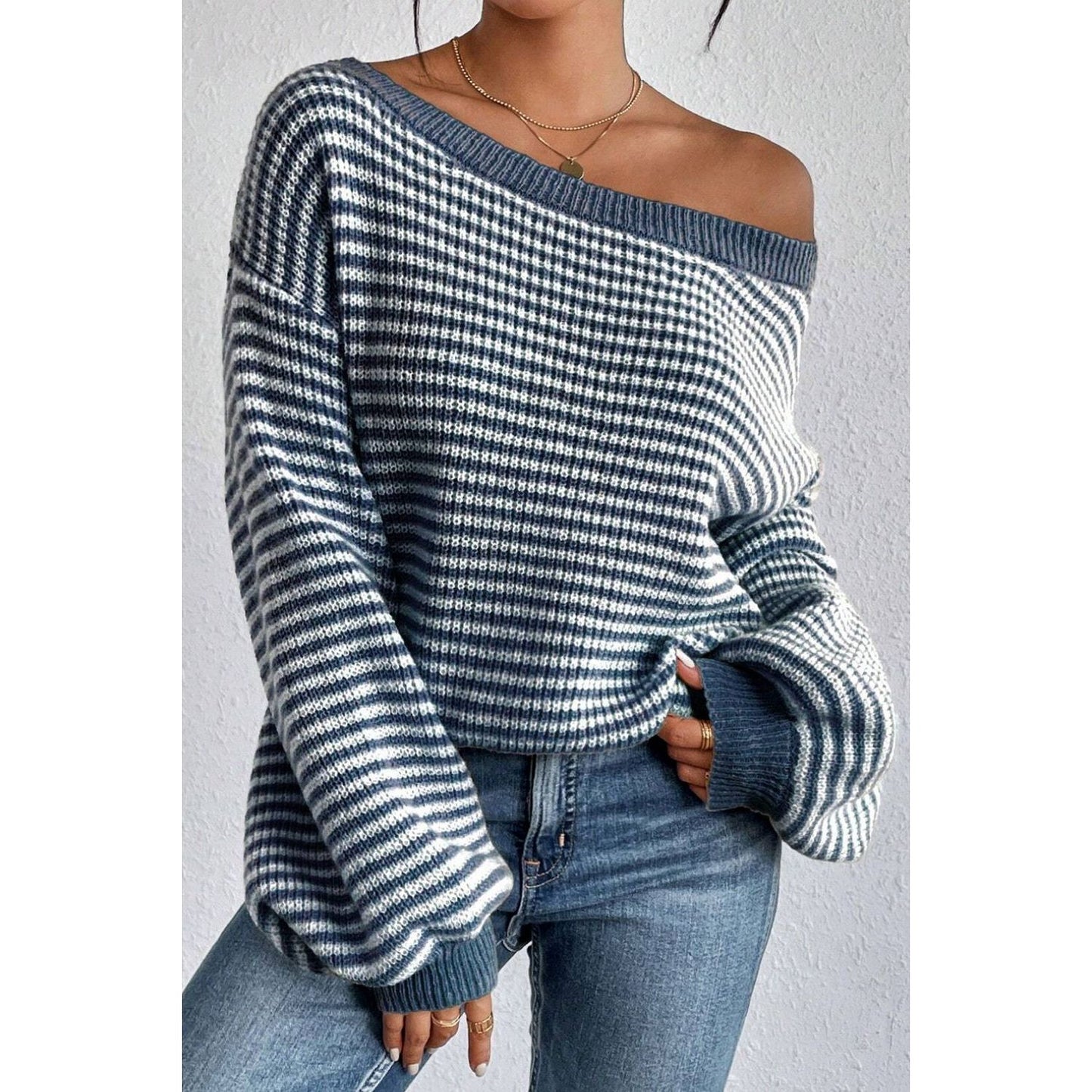 Striped Boat Neck Long Sleeve Sweater