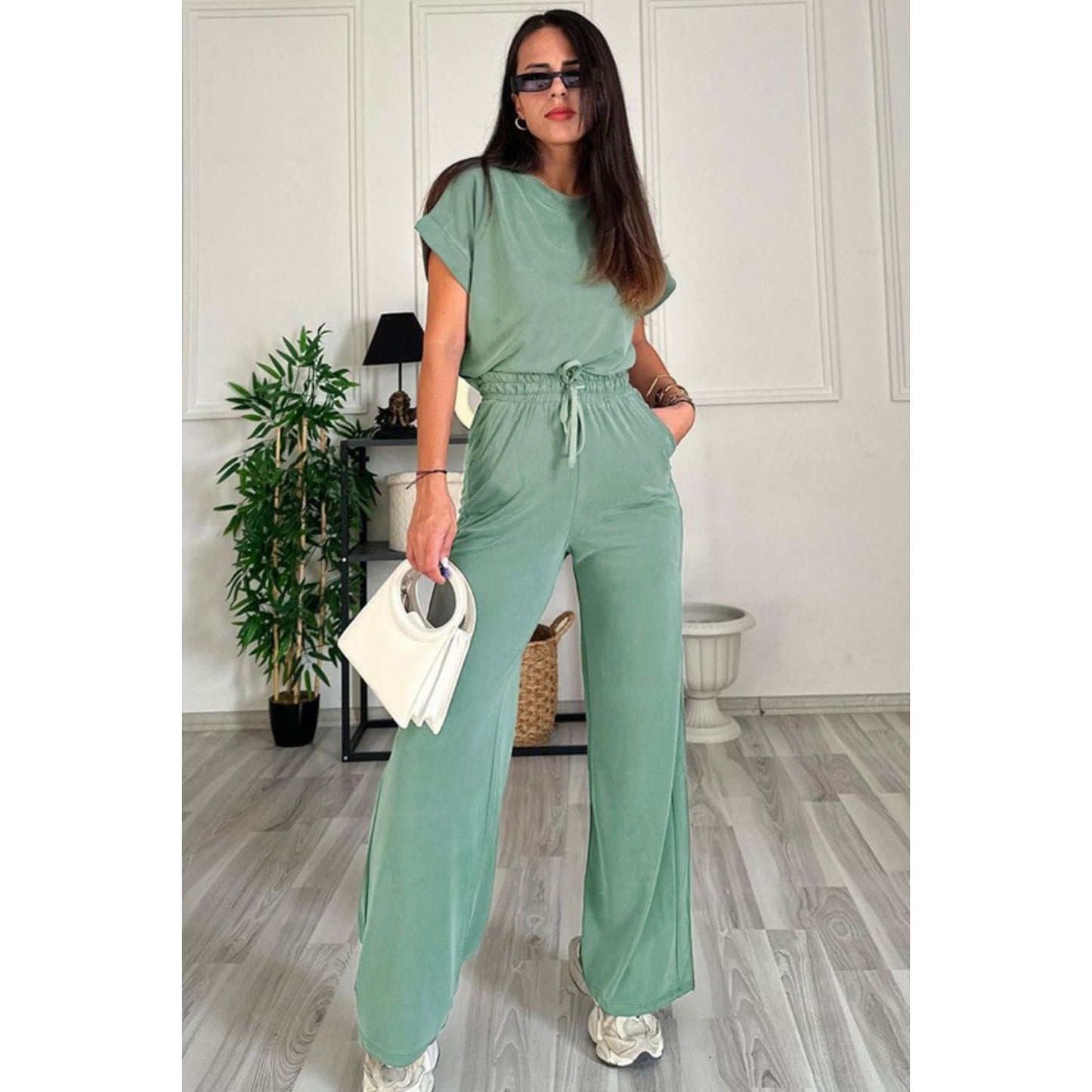 Round Neck Short Sleeve Top and Drawstring Pants Set