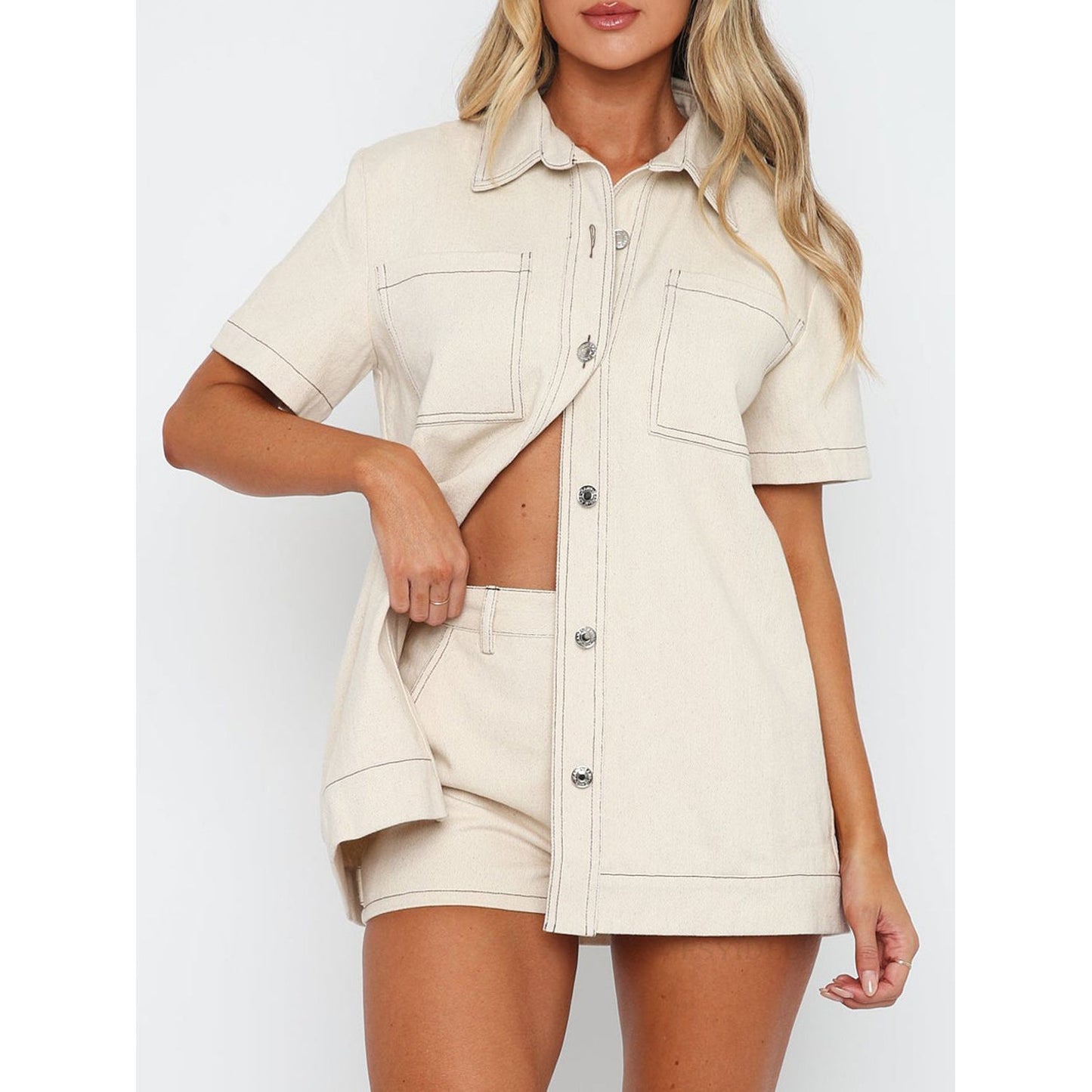 Pocketed Button Up Top and Shorts Set