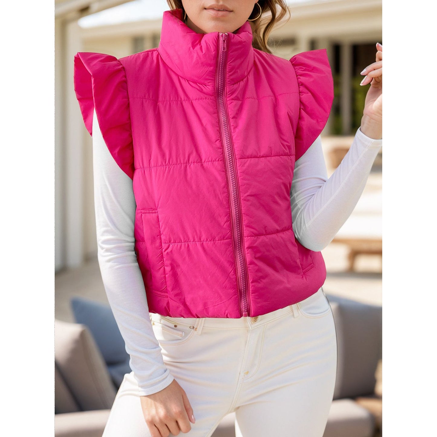 Pocketed Zip Up Cap Sleeve Jacket