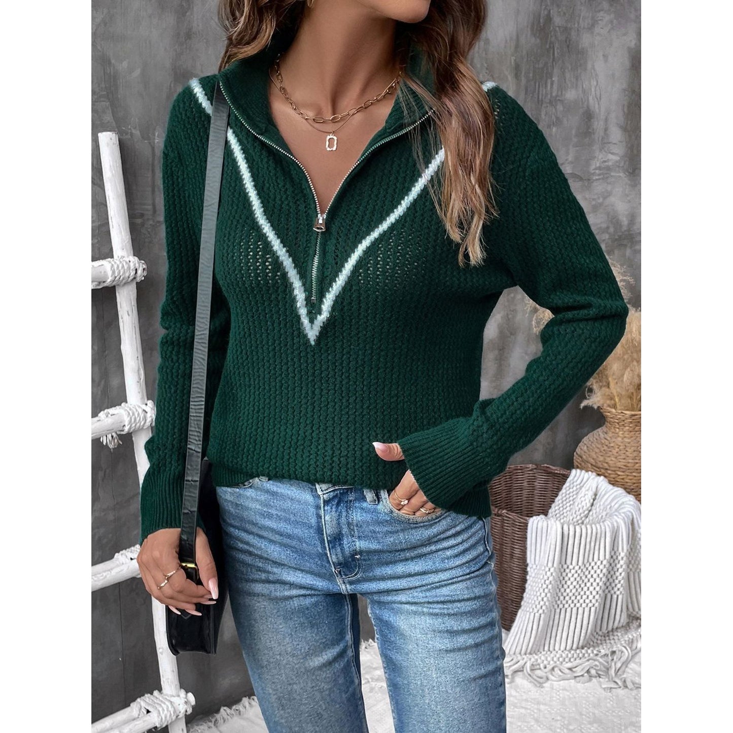 Perfee Contrast Half Zip Long Sleeve Sweater